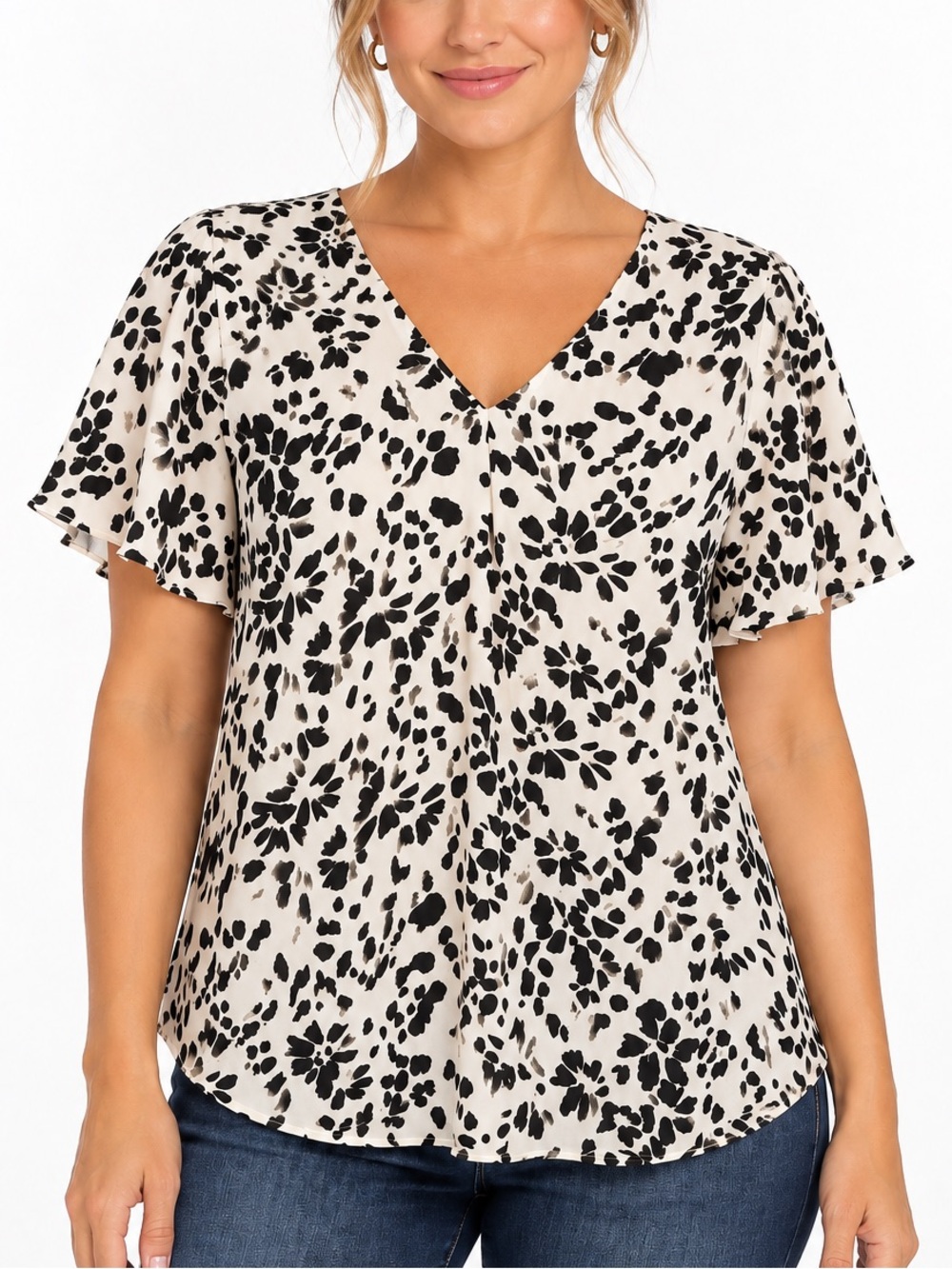 NYDJ Blouse Women’s L Black Ivory Floral V Neck Flutter Sleeve Top